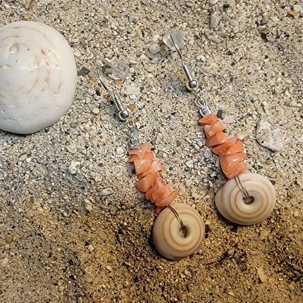 SS 925 Hawaiian Brown Swirl Puka Shell with Angel Skin Coral Chip Earrings
